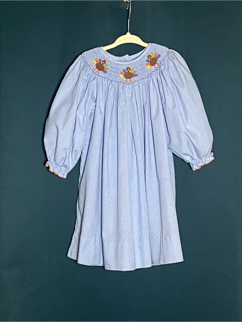 Light Blue Smocked Girls Dress with Embroidered Turkeys